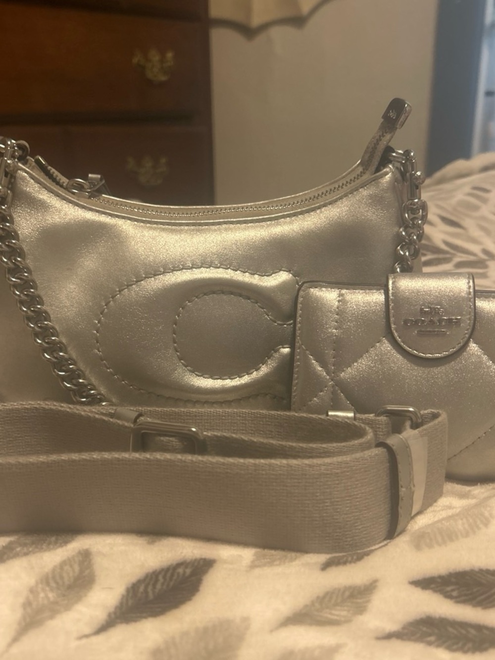 Coach Metallic Silver Shoulder Bag with Chain Strap and Card Case